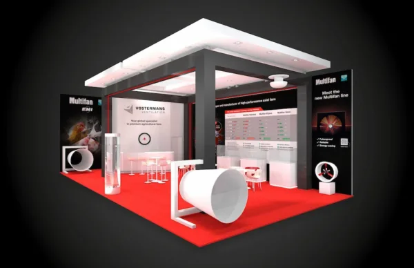 Beursstand met productpresentatie en branding op beurs