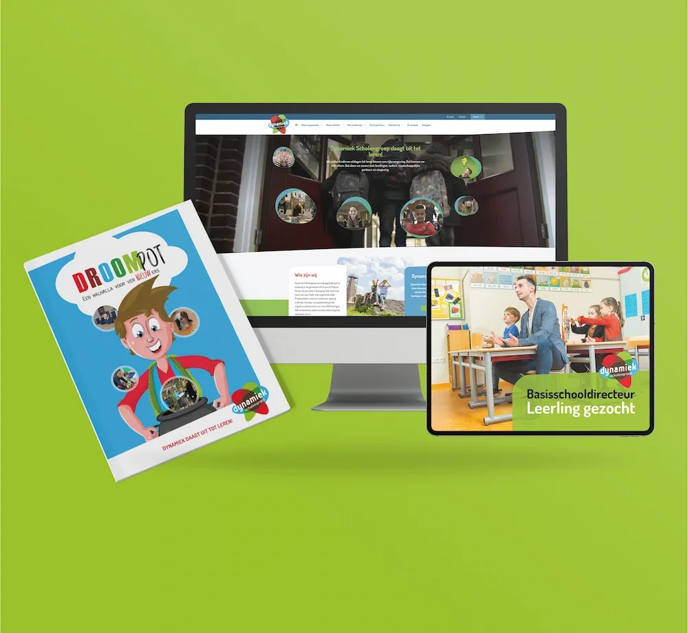Communicatiemiddelen van Dynamiek Scholengroep zoals website, video en brochure