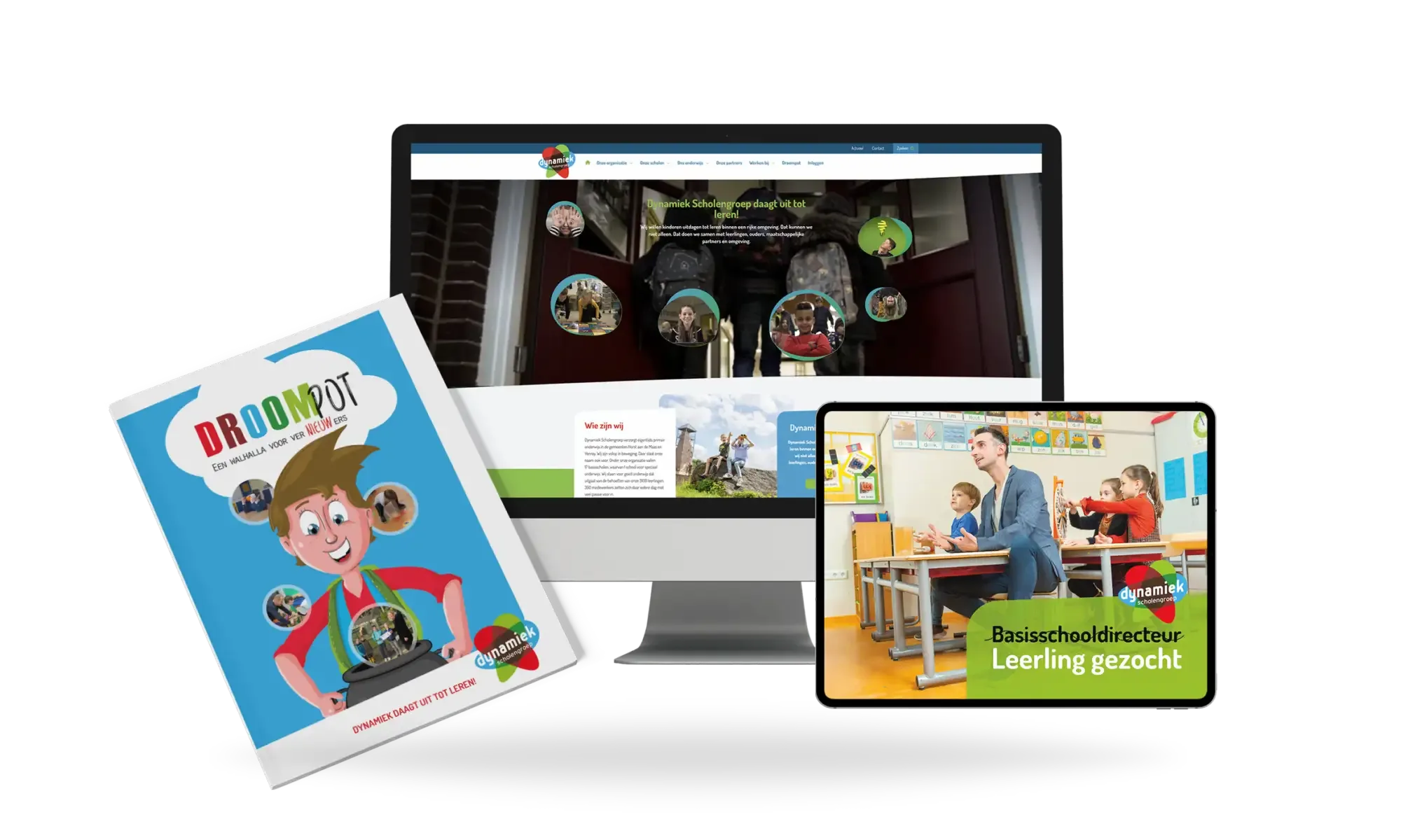Communicatiemiddelen van Dynamiek Scholengroep zoals website, video en brochure