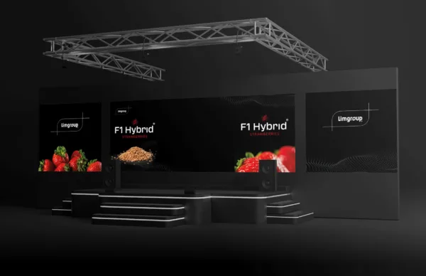 Eventpresentatie van Limgroup met schermen en aardbeienvisuals
