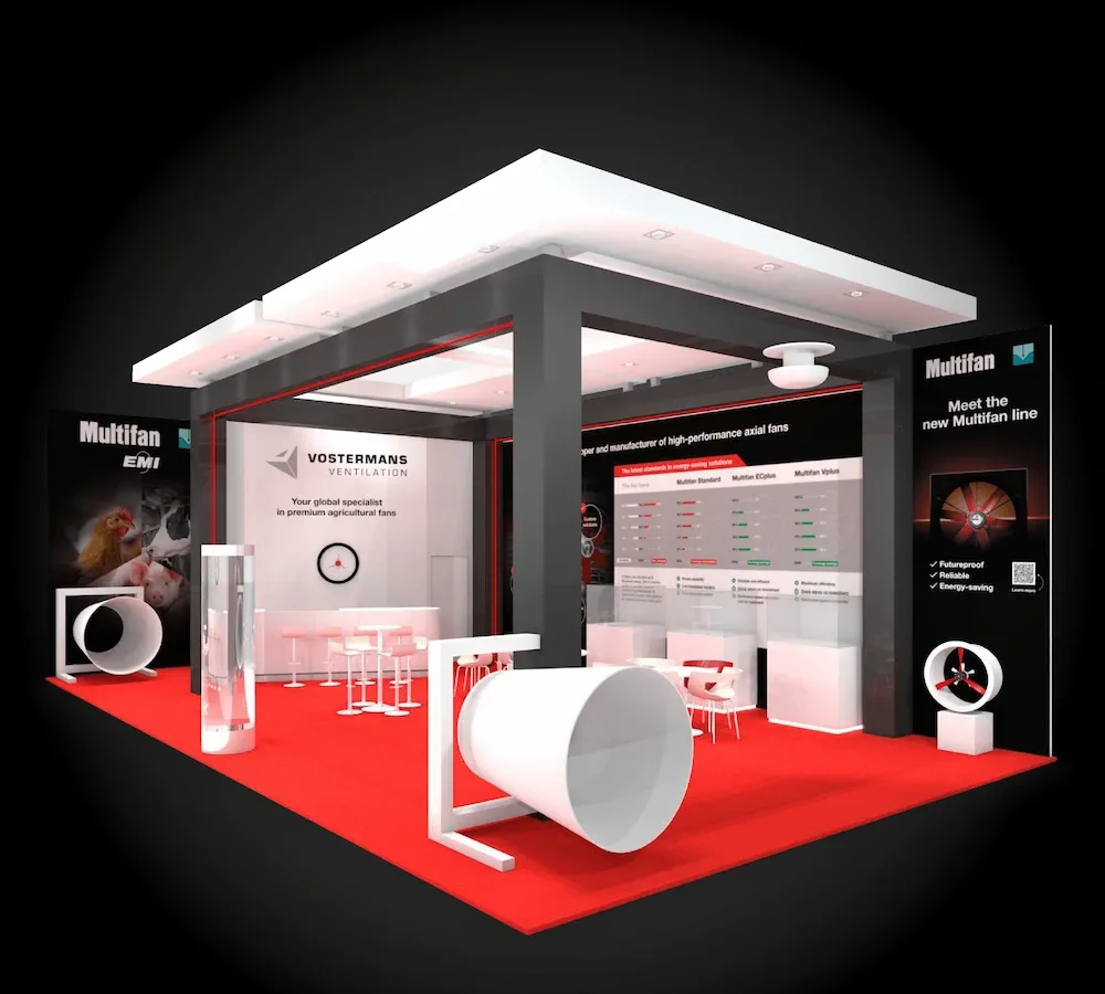 Beursstand met productpresentatie en branding op beurs