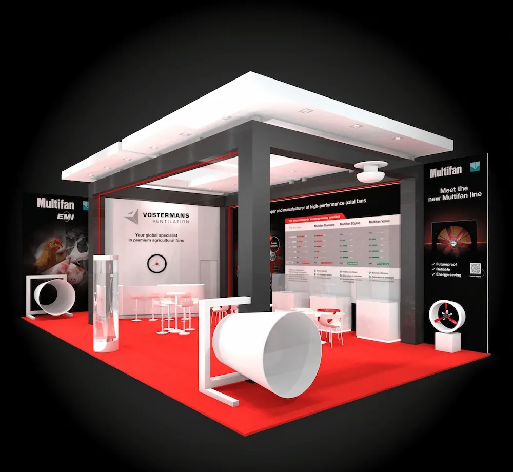 Beursstand met productpresentatie en branding op beurs