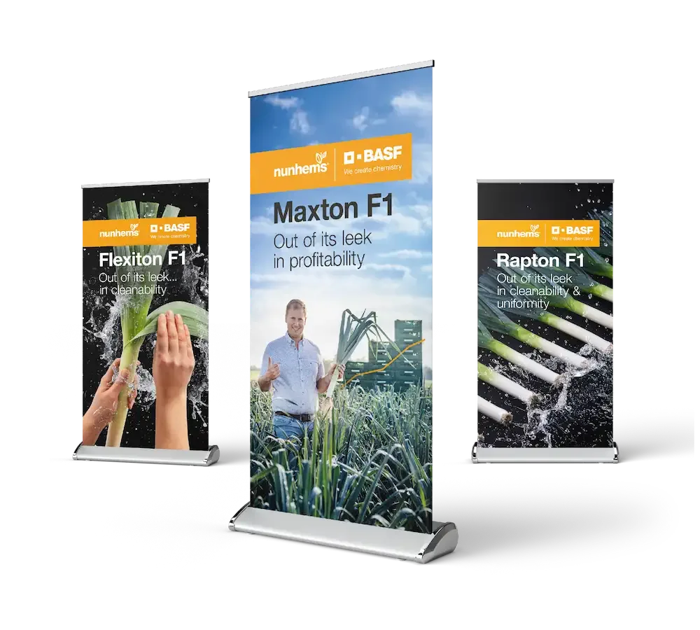 Roll-up banners van BASF Nunhems met productpresentatie van prei