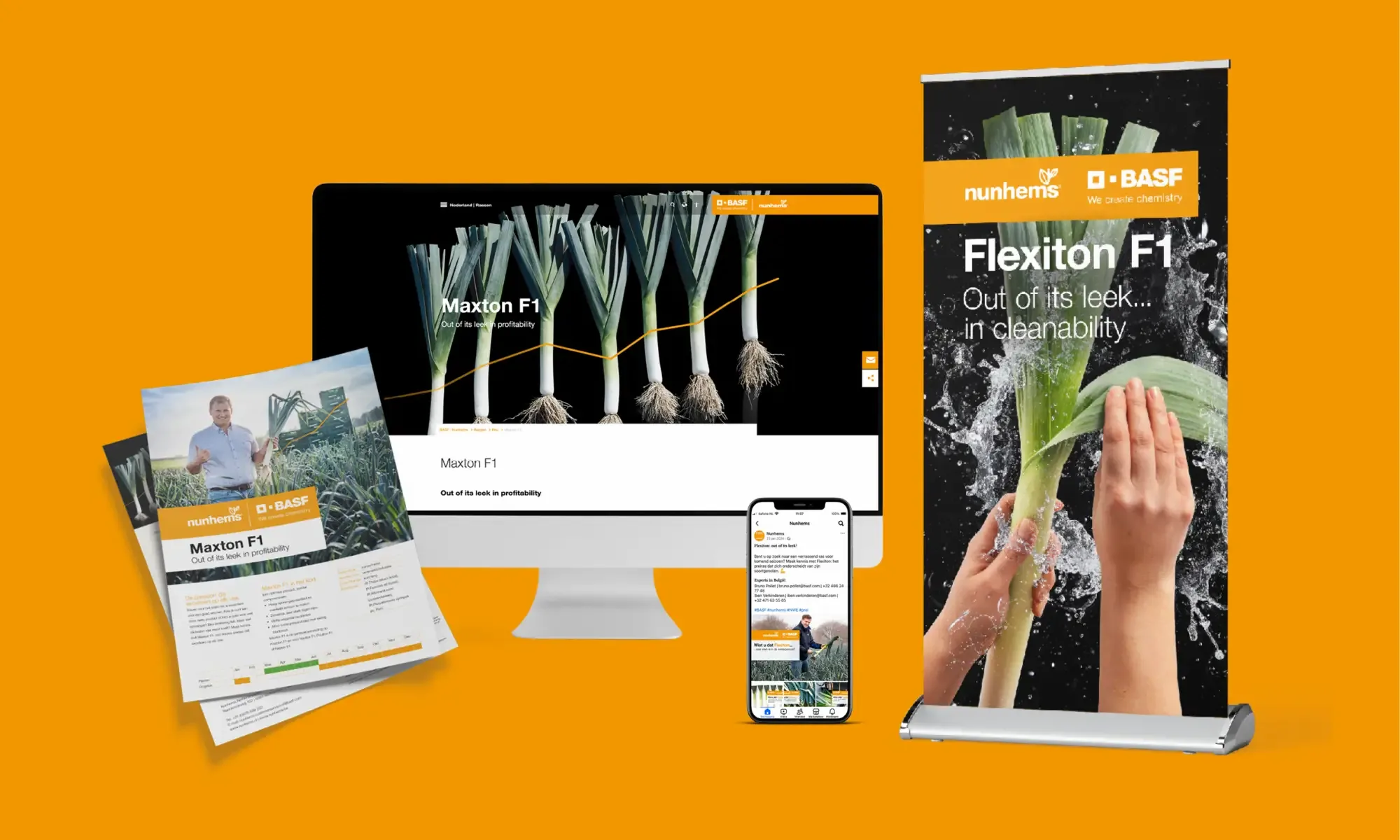 Website en drukwerk van BASF Nunhems met productpresentatie op verschillende middelen