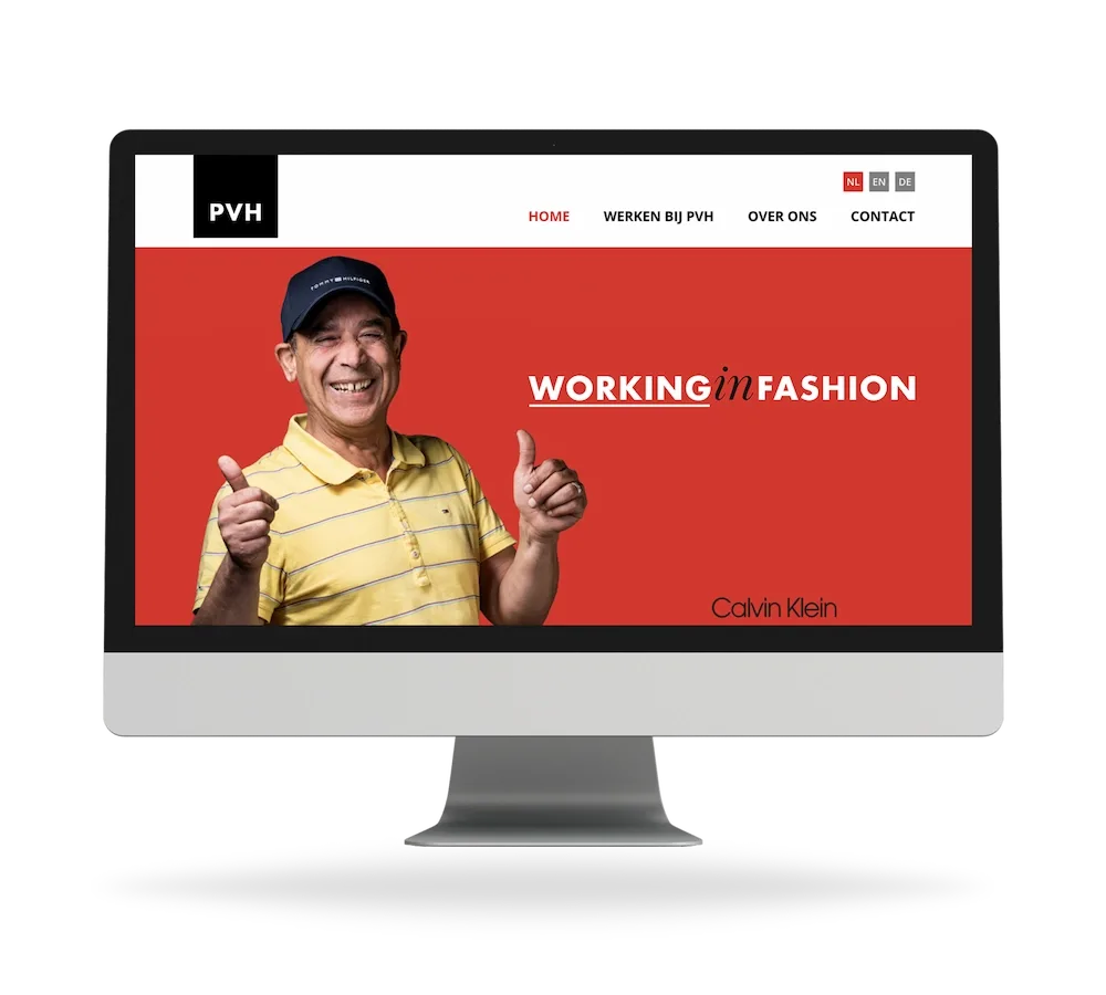 Website van PVH Working in Fashion met medewerker op desktop