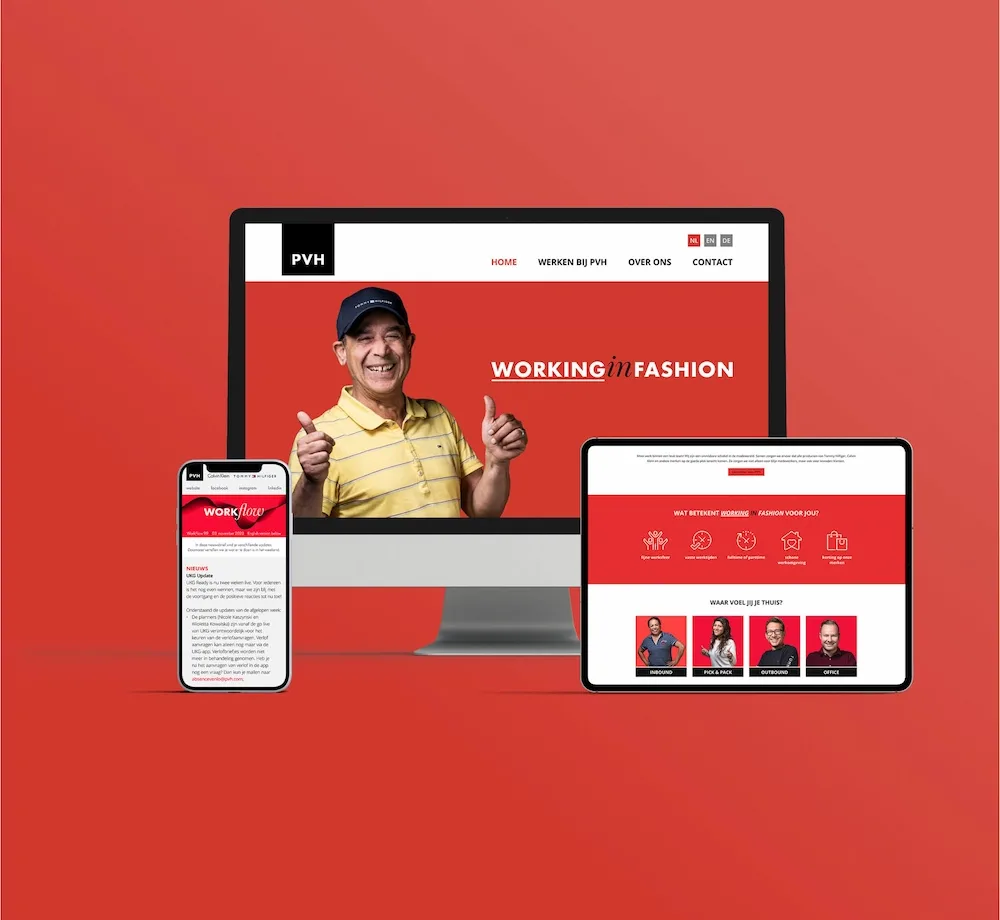 Website van PVH Working in Fashion op desktop, tablet en smartphone