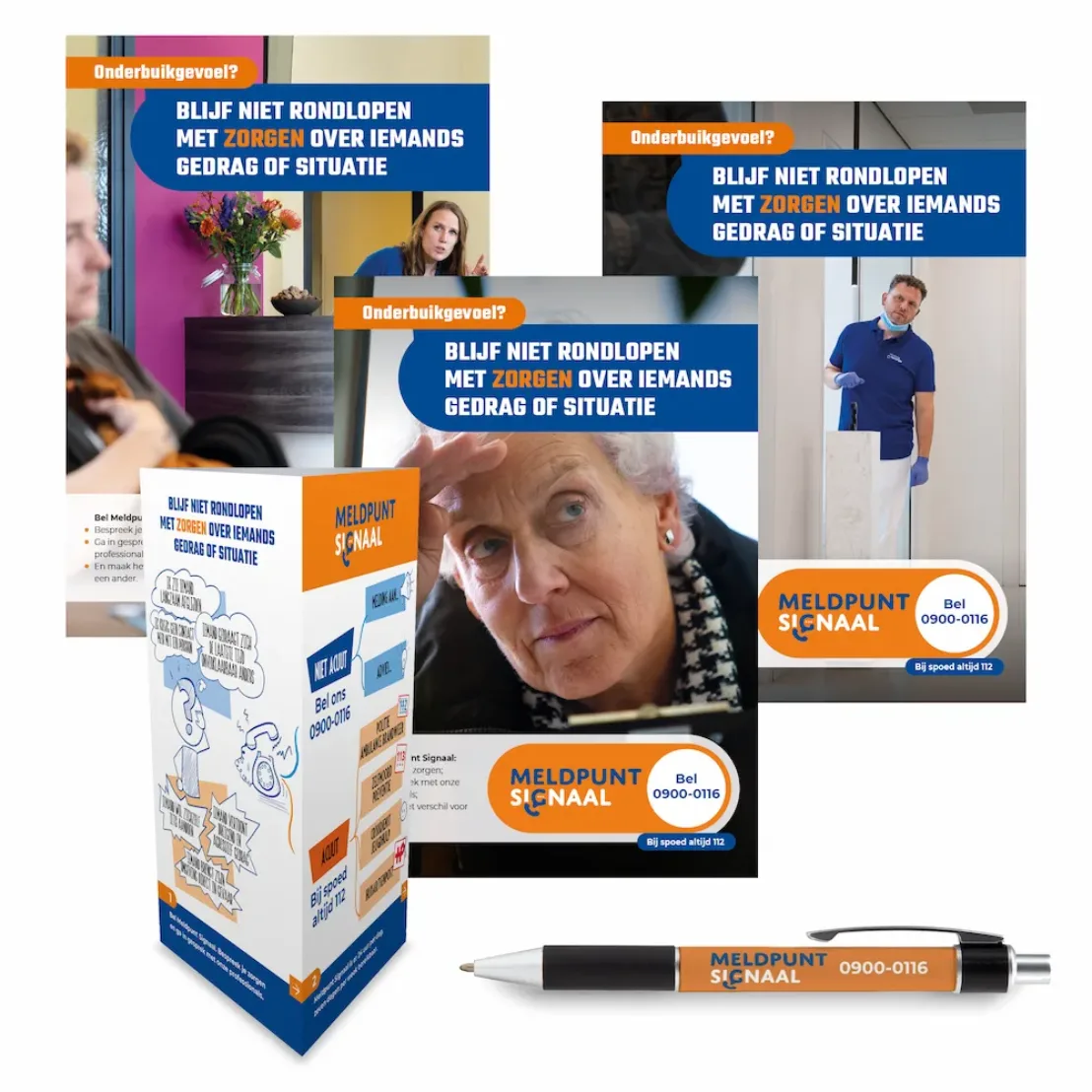 Overzicht van campagne-uitingen van Meldpunt Signaal zoals posters en promotiemateriaal