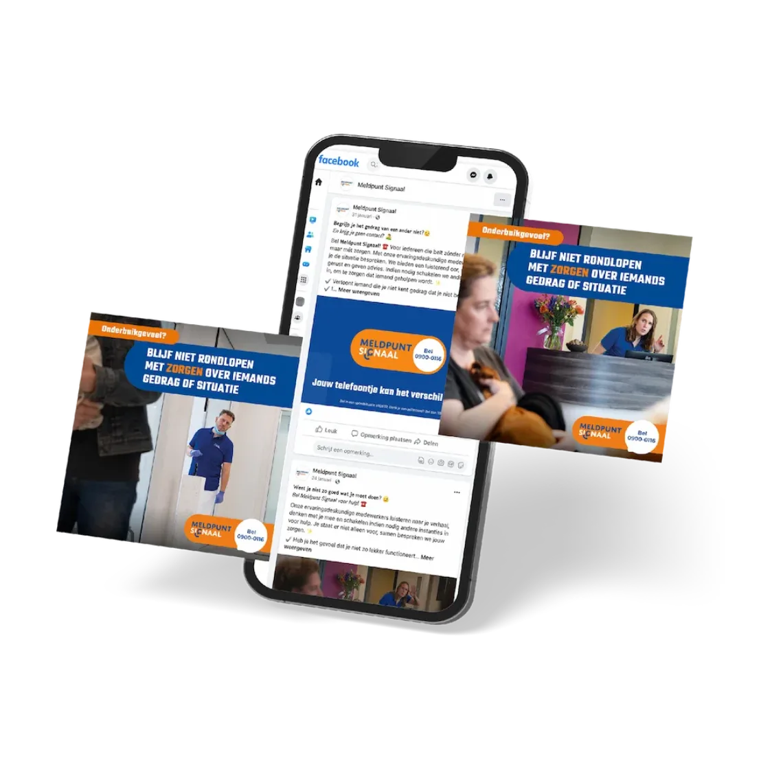 Social media campagne van Meldpunt Signaal op smartphone met campagnevisuals