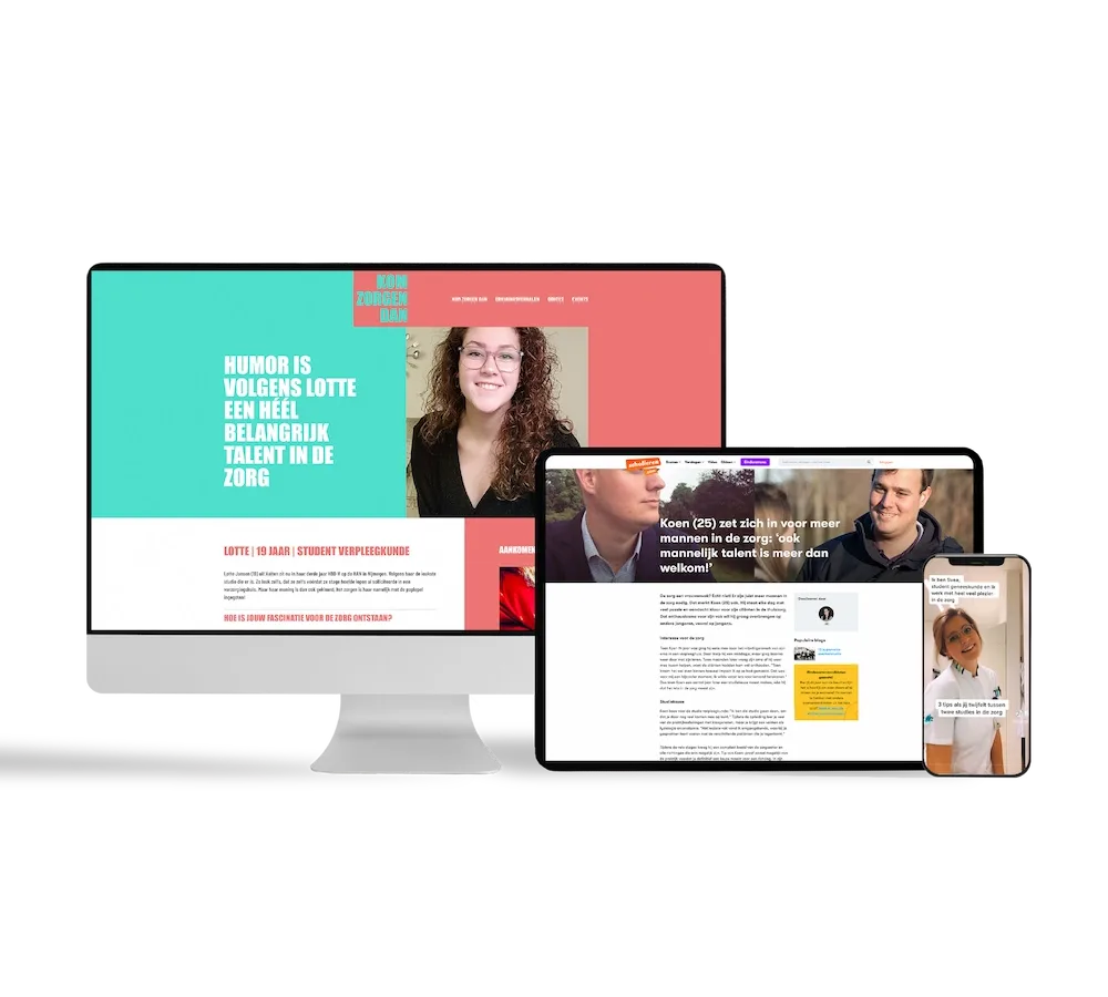 Website en campagne-uitingen van Kom zorgen dan op verschillende schermen