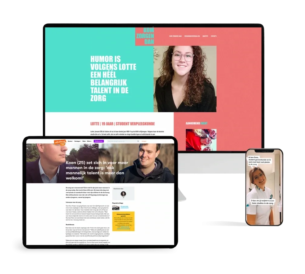 Website en online campagne van Kom zorgen dan op verschillende schermen